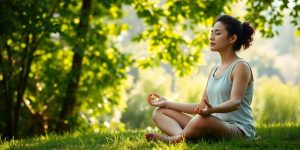 Person meditating in nature, surrounded by greenery and sunlight.