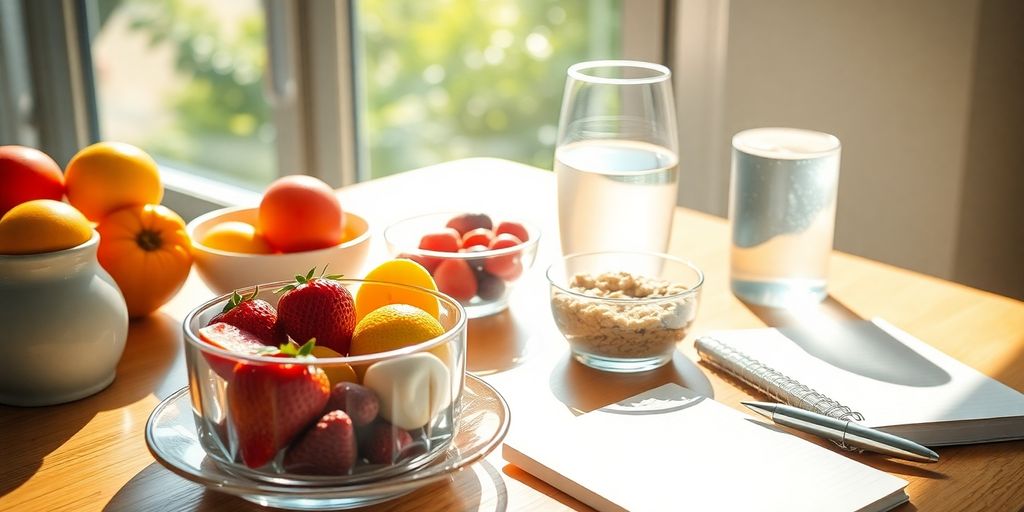 Healthy breakfast with fruits, oatmeal, and a notebook.