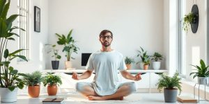 Person meditating in a bright, plant-filled workspace.