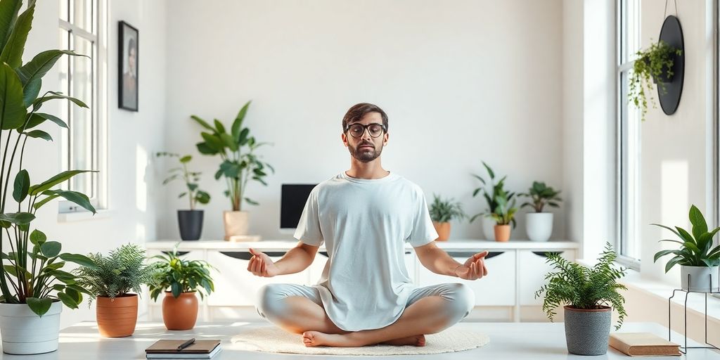 Person meditating in a bright, plant-filled workspace.