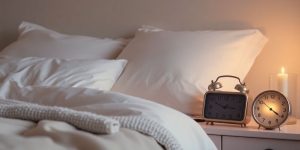 Cozy bedroom with soft lighting and inviting bedding.