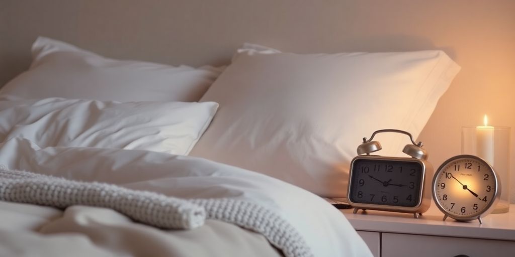 Cozy bedroom with soft lighting and inviting bedding.