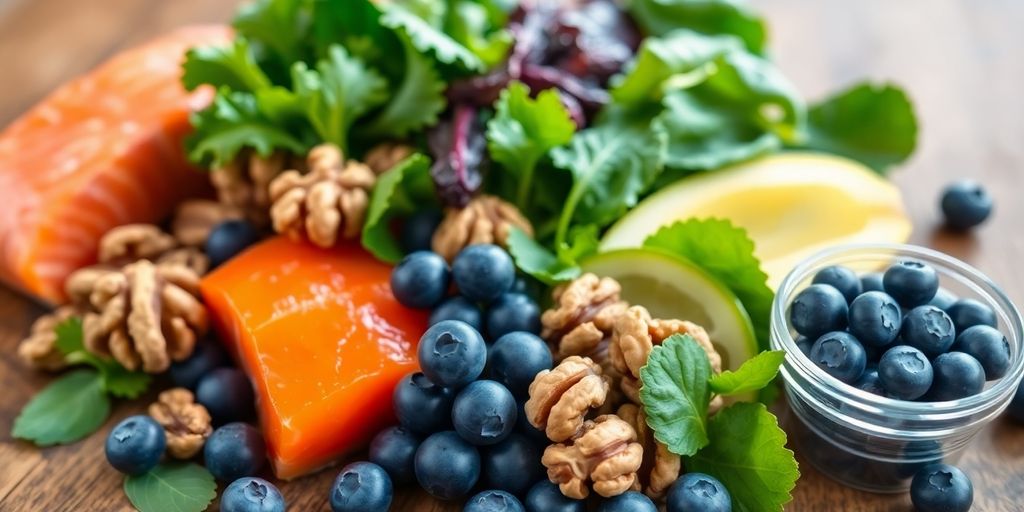 Colorful brain-healthy foods on a wooden table.