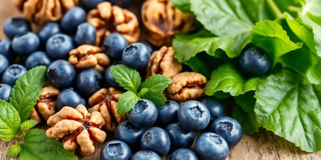 Fresh foods for memory enhancement on a wooden table.