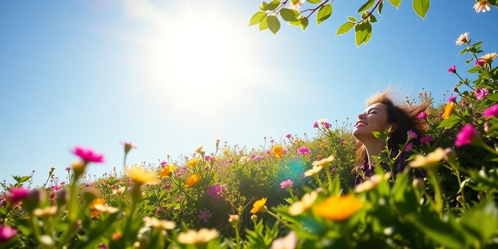 Person smiling among colorful flowers in sunny nature.